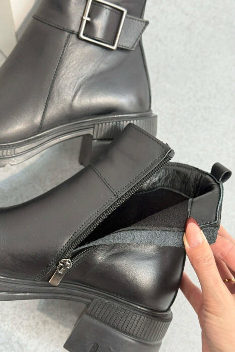 LEATHER SIDE ZIPPER WOMEN ANKLE BOOTS BLACK/ E ZEZE - 4