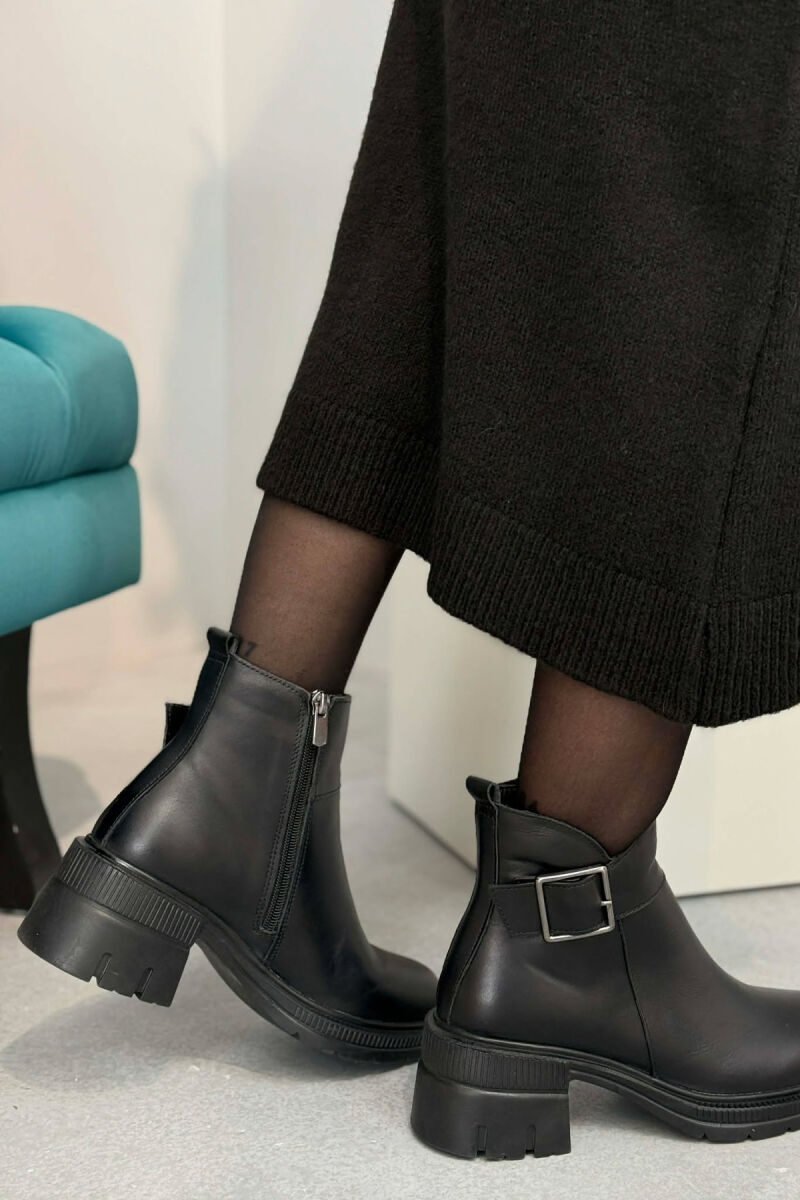 LEATHER SIDE ZIPPER WOMEN ANKLE BOOTS BLACK/ E ZEZE - 5