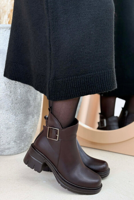 LEATHER SIDE ZIPPER WOMEN ANKLE BOOTS BROWN/KAFE - 1