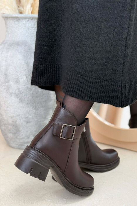 LEATHER SIDE ZIPPER WOMEN ANKLE BOOTS BROWN/KAFE - 2