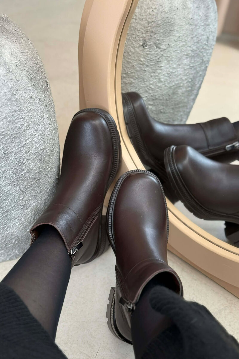 LEATHER SIDE ZIPPER WOMEN ANKLE BOOTS BROWN/KAFE - 3