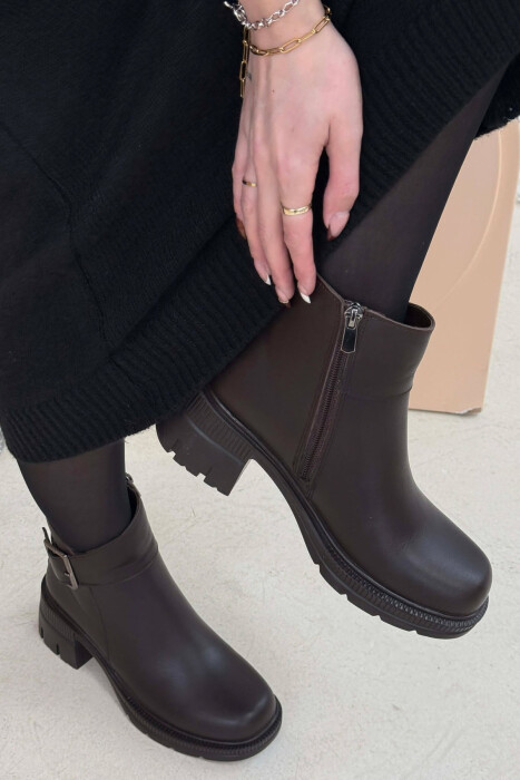 LEATHER SIDE ZIPPER WOMEN ANKLE BOOTS BROWN/KAFE - 4