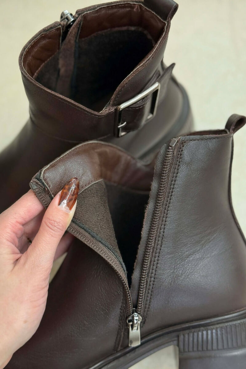 LEATHER SIDE ZIPPER WOMEN ANKLE BOOTS BROWN/KAFE - 5