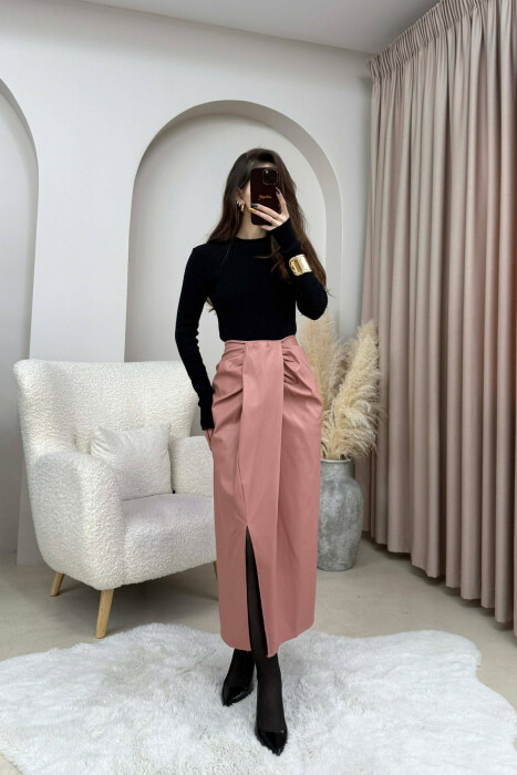 LEATHER SIMPLE LONG WOMEN SKIRT POWDER/PUDER - 3