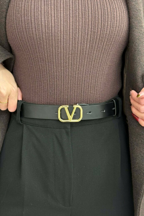 LEATHER V LOGO BUCKLE WOMEN BELT GOLDEN ROD/GOLD - KLAUDIO FASHION