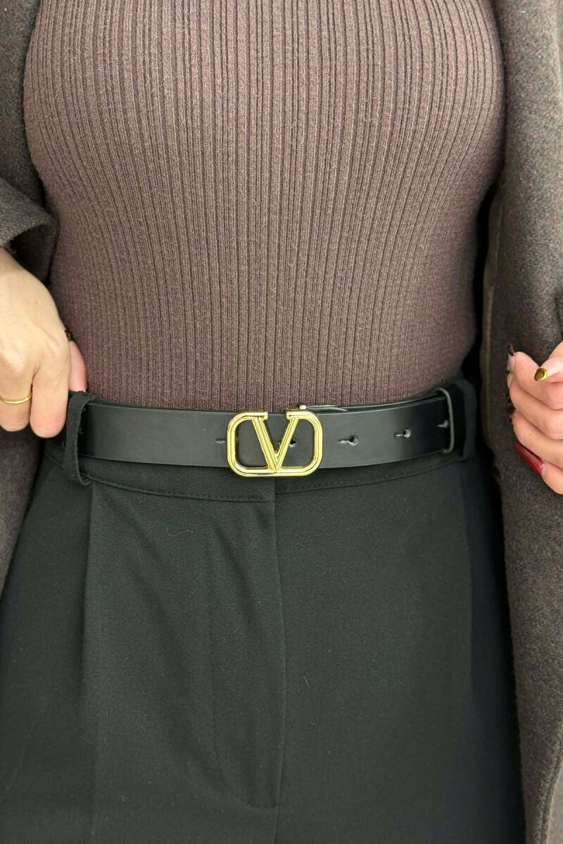 LEATHER V LOGO BUCKLE WOMEN BELT GOLDEN ROD/GOLD - 1