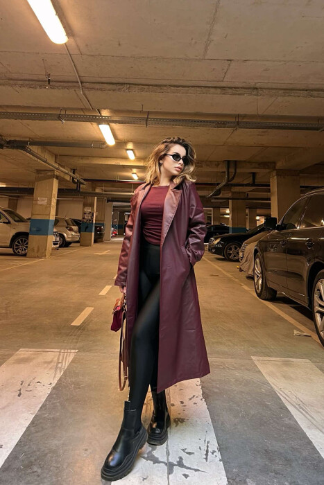 ONE COLOR LEATHER WOMEN COAT BURGUNDY/VISHNJE - 1