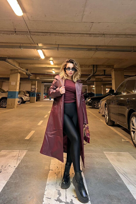 ONE COLOR LEATHER WOMEN COAT BURGUNDY/VISHNJE - 2