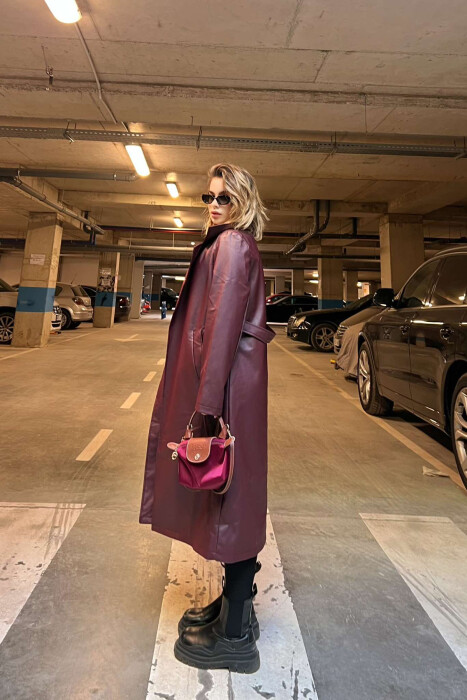 ONE COLOR LEATHER WOMEN COAT BURGUNDY/VISHNJE - 5