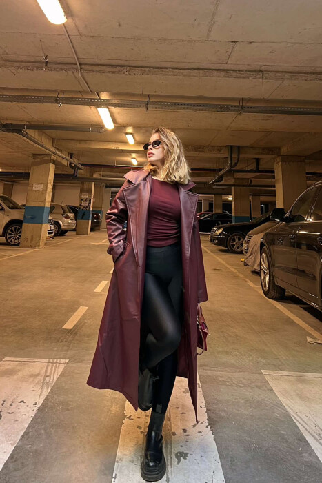 ONE COLOR LEATHER WOMEN COAT BURGUNDY/VISHNJE - 6