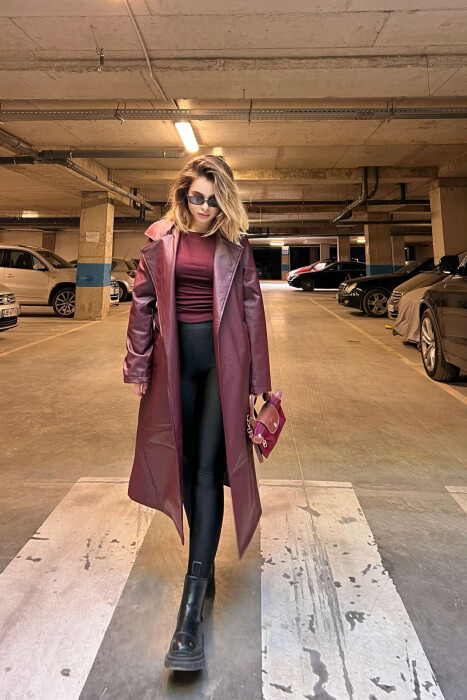 ONE COLOR LEATHER WOMEN COAT BURGUNDY/VISHNJE - 7