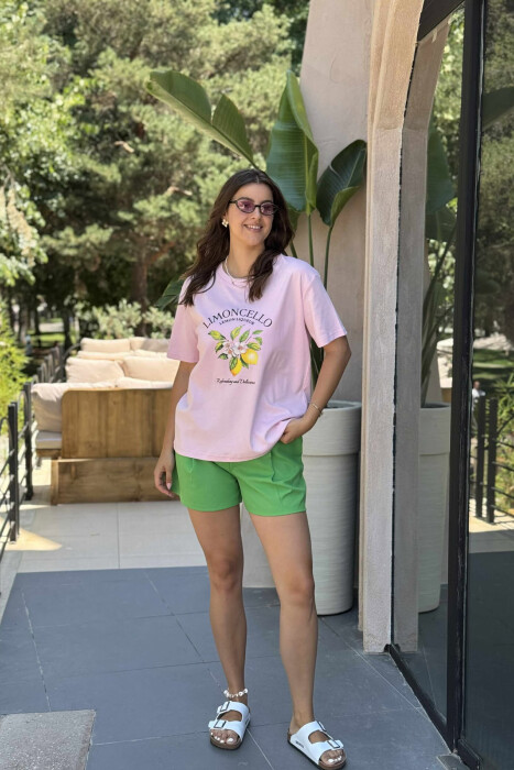 LEMONS FRONT DESIGN ROUND NECK WOMEN T-SHIRT BABY PINK/ROZB - KLAUDIO FASHION