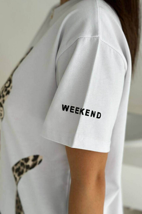 LEO FRONT DESIGN ROUND NECK WOMEN T-SHIRT WHITE-E BARDHE - 4