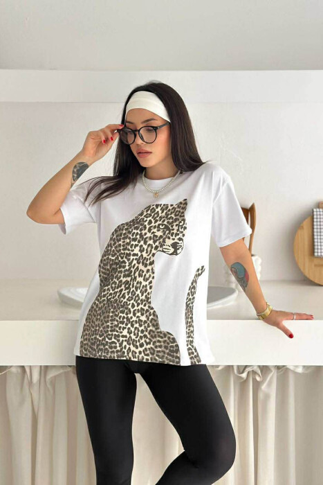 LEO FRONT DESIGN ROUND NECK WOMEN T-SHIRT WHITE-E BARDHE - 1