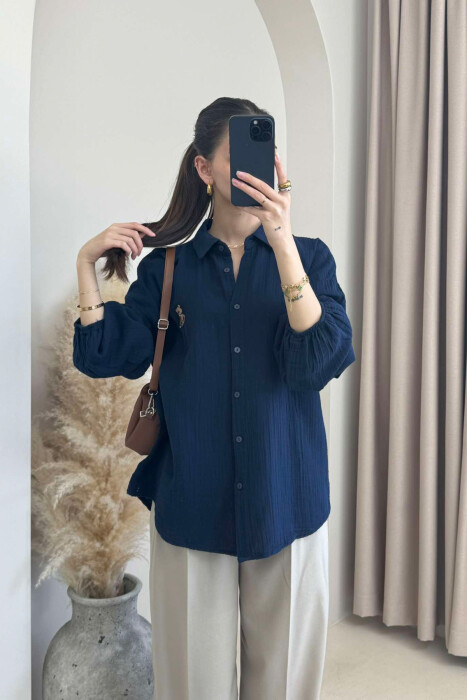LINEN BEAR LOGO ONE COLOR WOMEN SHIRT DARK BLUE/BEE 