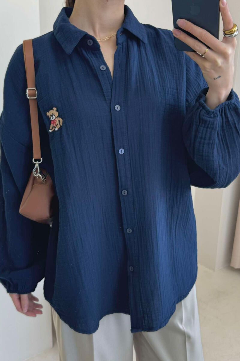 LINEN BEAR LOGO ONE COLOR WOMEN SHIRT DARK BLUE/BEE - 4