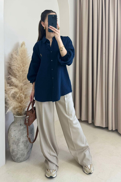 LINEN BEAR LOGO ONE COLOR WOMEN SHIRT DARK BLUE/BEE - 2