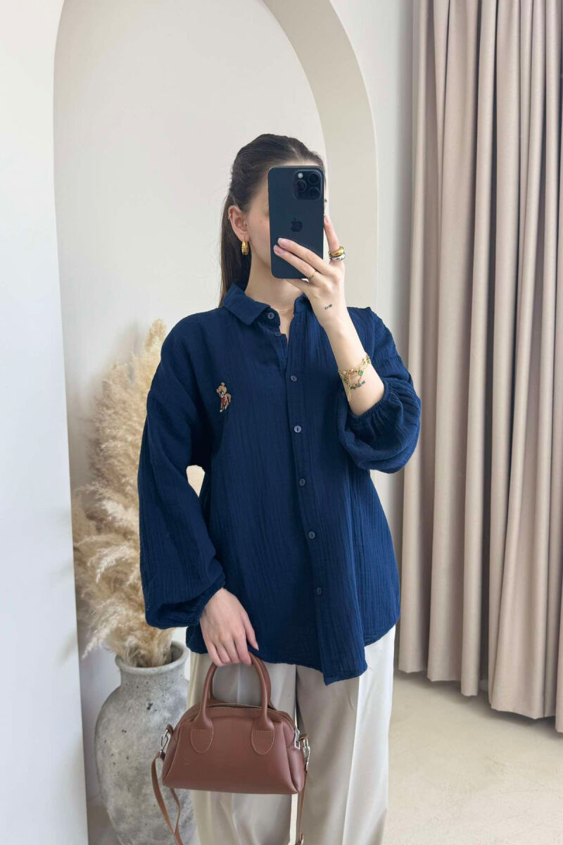 LINEN BEAR LOGO ONE COLOR WOMEN SHIRT DARK BLUE/BEE - 3