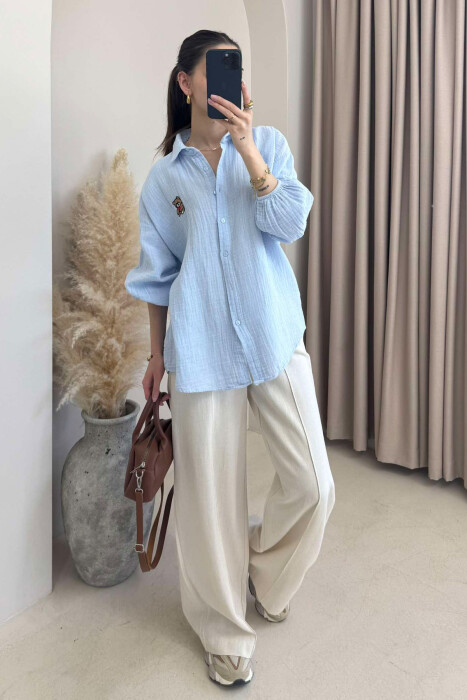 LINEN BEAR LOGO ONE COLOR WOMEN SHIRT LIGHTBLUE/BZ 
