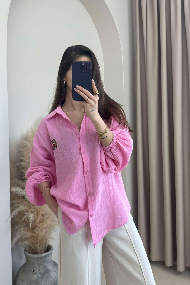 LINEN BEAR LOGO ONE COLOR WOMEN SHIRT PINK/ROZE - 3