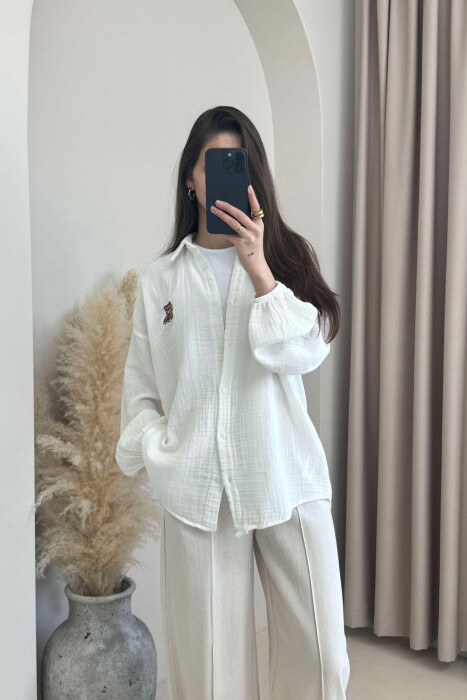 LINEN BEAR LOGO ONE COLOR WOMEN SHIRT WHITE-E BARDHE 