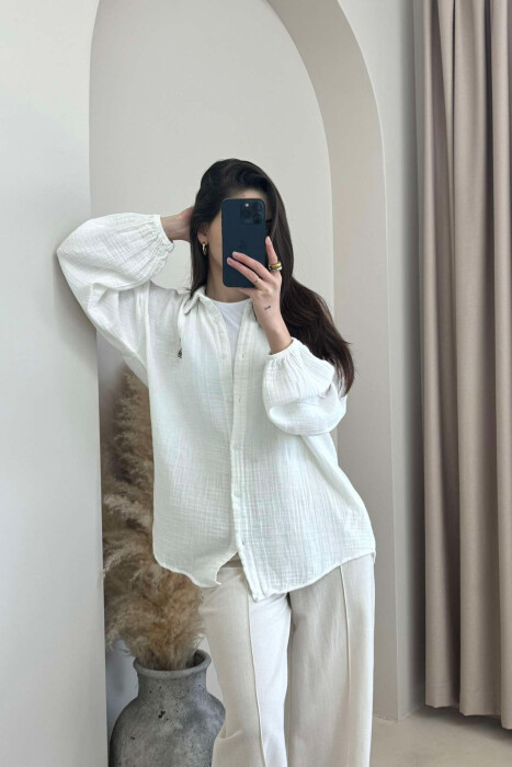 LINEN BEAR LOGO ONE COLOR WOMEN SHIRT WHITE-E BARDHE - 2