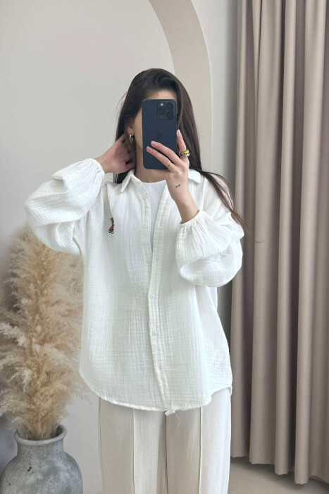 LINEN BEAR LOGO ONE COLOR WOMEN SHIRT WHITE-E BARDHE - 3