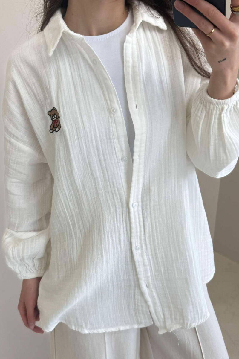 LINEN BEAR LOGO ONE COLOR WOMEN SHIRT WHITE-E BARDHE - 4