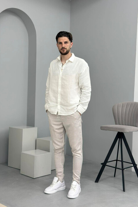 PANTALLONA LINO PER MESHKUJ NE NGJYRE BEZHE - KLAUDIO FASHION