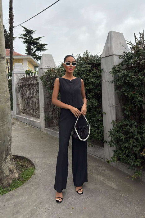 LINEN CASUAL BLOUSE+TROUSERS WOMEN SET BLACK/ E ZEZE - 1