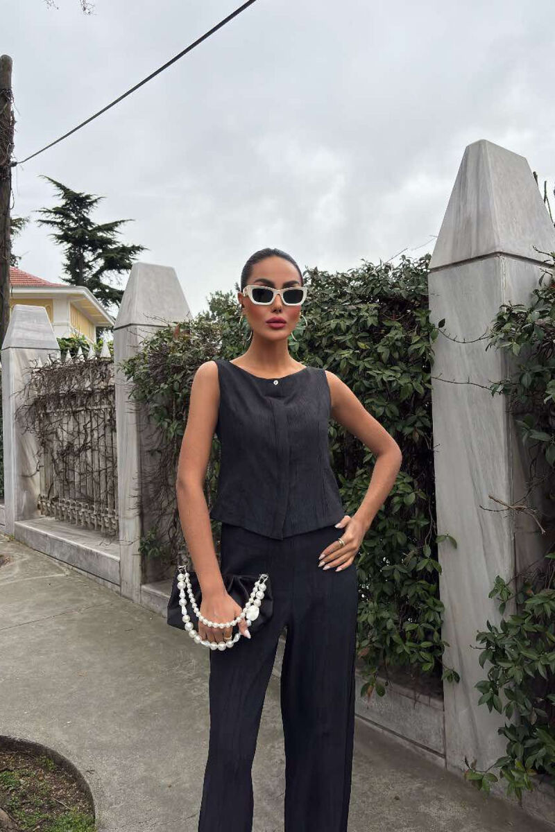 LINEN CASUAL BLOUSE+TROUSERS WOMEN SET BLACK/ E ZEZE - 2