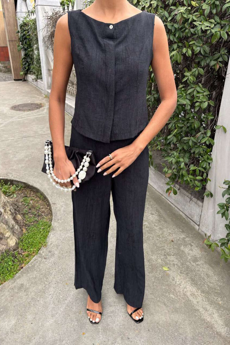 LINEN CASUAL BLOUSE+TROUSERS WOMEN SET BLACK/ E ZEZE - 5