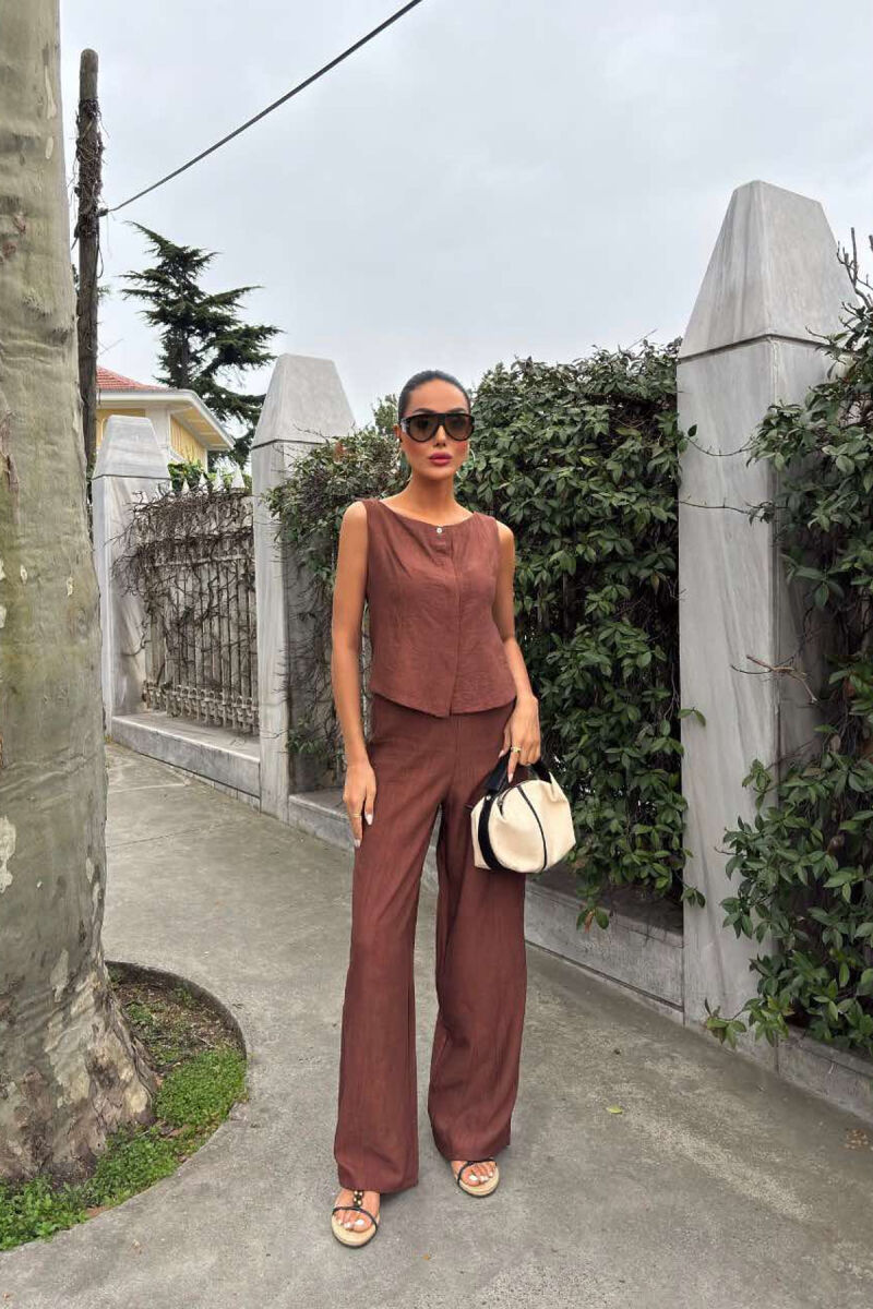 LINEN CASUAL BLOUSE+TROUSERS WOMEN SET BROWN/KAFE - 1