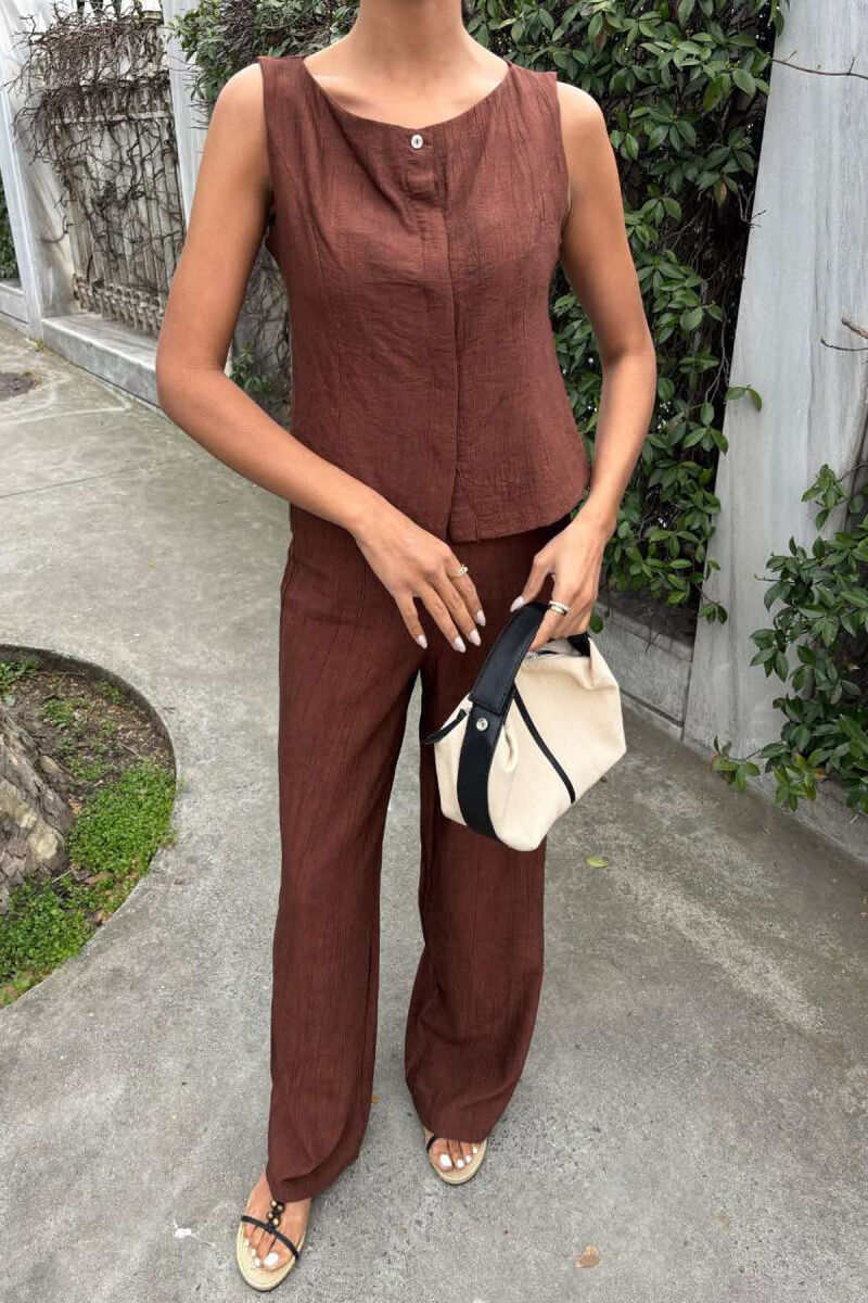 LINEN CASUAL BLOUSE+TROUSERS WOMEN SET BROWN/KAFE - 2
