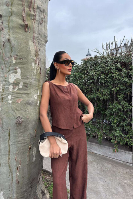 LINEN CASUAL BLOUSE+TROUSERS WOMEN SET BROWN/KAFE - 3