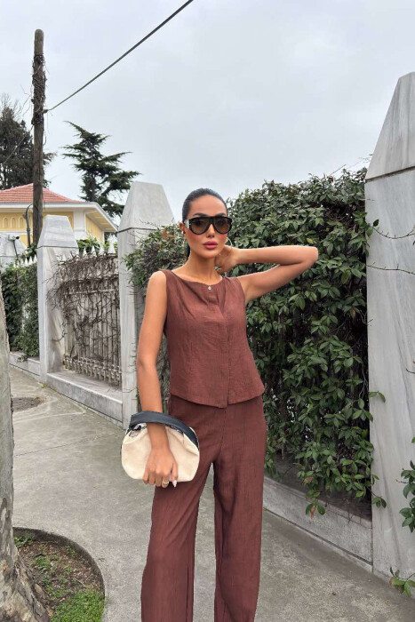 LINEN CASUAL BLOUSE+TROUSERS WOMEN SET BROWN/KAFE - 4