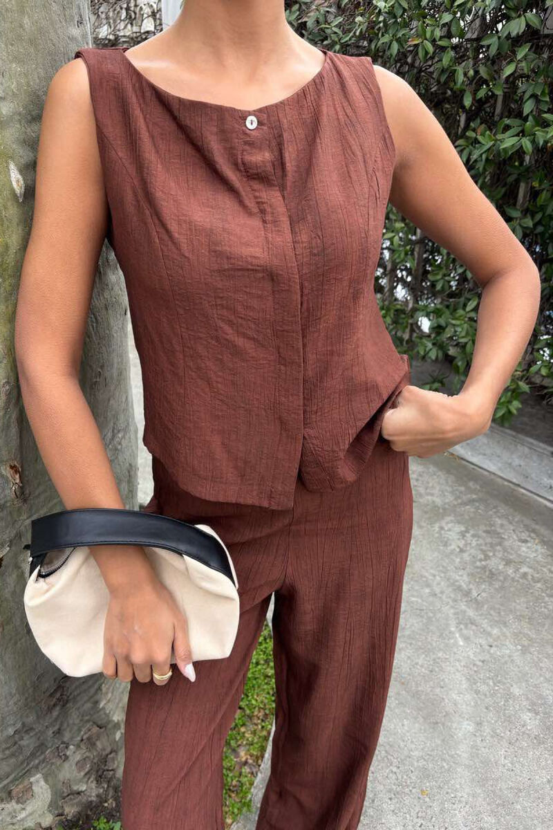 LINEN CASUAL BLOUSE+TROUSERS WOMEN SET BROWN/KAFE - 5