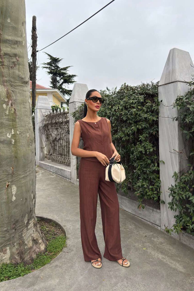 LINEN CASUAL BLOUSE+TROUSERS WOMEN SET BROWN/KAFE - 6