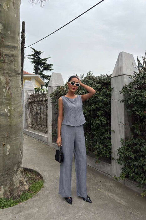 LINEN CASUAL BLOUSE+TROUSERS WOMEN SET GREY/GRI 
