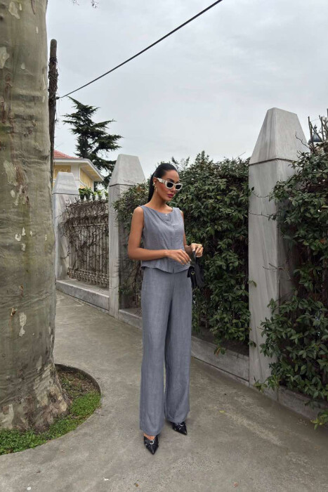 LINEN CASUAL BLOUSE+TROUSERS WOMEN SET GREY/GRI - 2