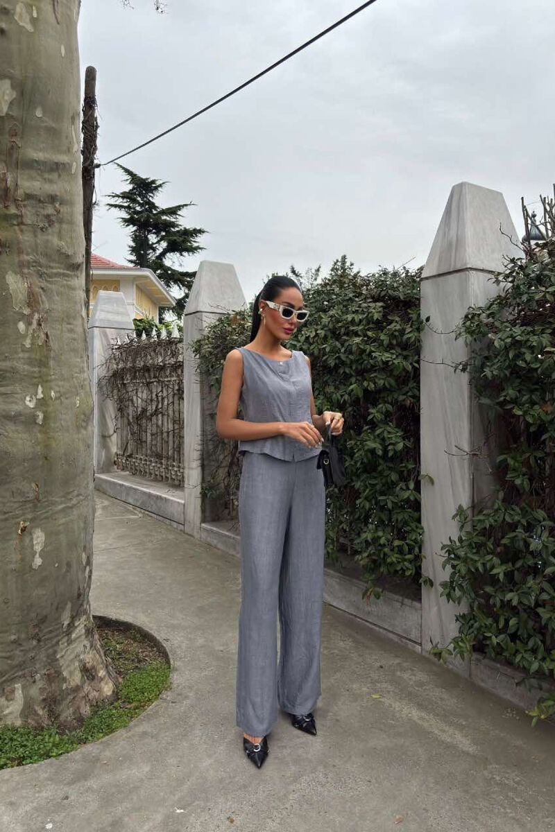 LINEN CASUAL BLOUSE+TROUSERS WOMEN SET GREY/GRI - 2