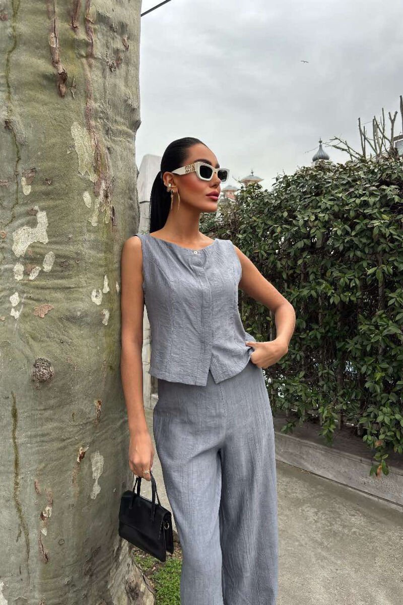 LINEN CASUAL BLOUSE+TROUSERS WOMEN SET GREY/GRI - 4