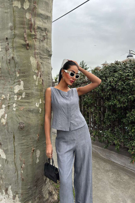 LINEN CASUAL BLOUSE+TROUSERS WOMEN SET GREY/GRI - 5
