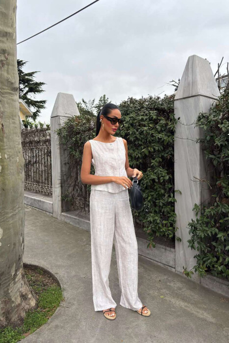 LINEN CASUAL BLOUSE+TROUSERS WOMEN SET LIGHT BEIGE/BZHZB - 1