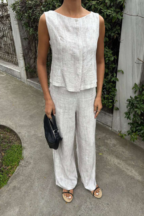 LINEN CASUAL BLOUSE+TROUSERS WOMEN SET LIGHT BEIGE/BZHZB - 3