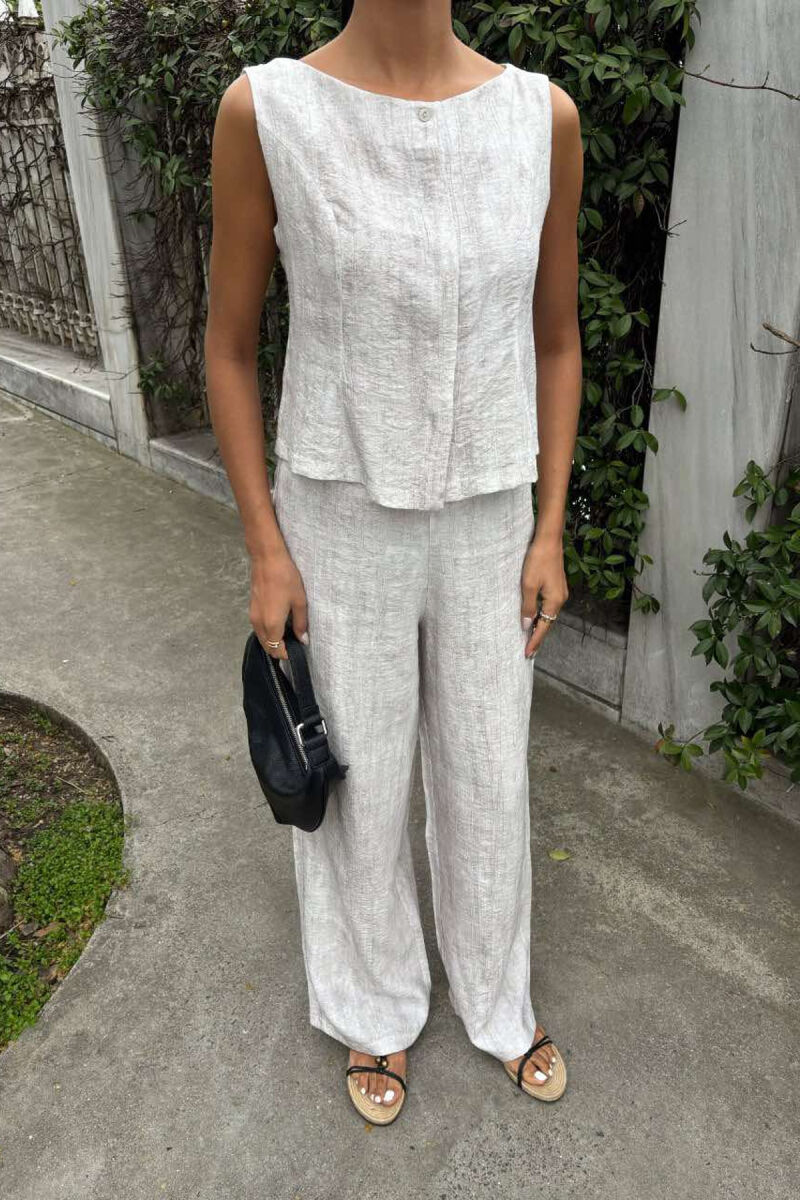 LINEN CASUAL BLOUSE+TROUSERS WOMEN SET LIGHT BEIGE/BZHZB - 3