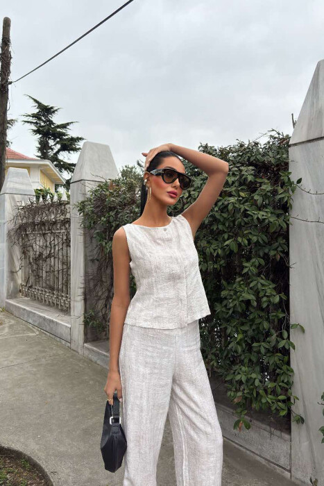 LINEN CASUAL BLOUSE+TROUSERS WOMEN SET LIGHT BEIGE/BZHZB - 6