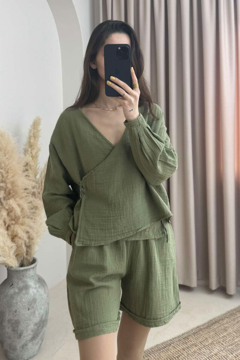 LINEN ONE COLOR SWEATSHIRT+SHORTS WOMEN SET GREEN/JESHILE - 1