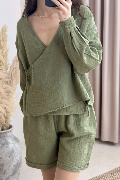 LINEN ONE COLOR SWEATSHIRT+SHORTS WOMEN SET GREEN/JESHILE - 4