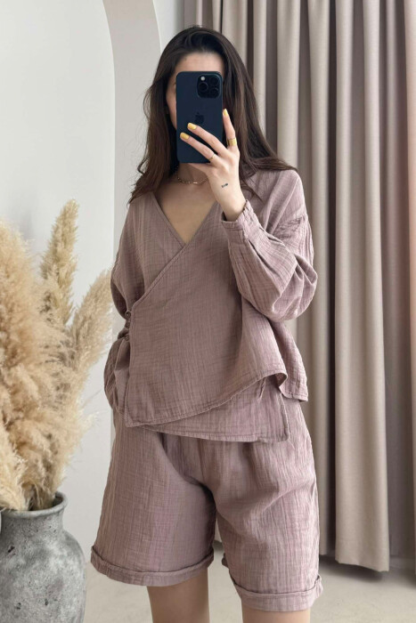 LINEN ONE COLOR SWEATSHIRT+SHORTS WOMEN SET VINEGAR/UTHULL 